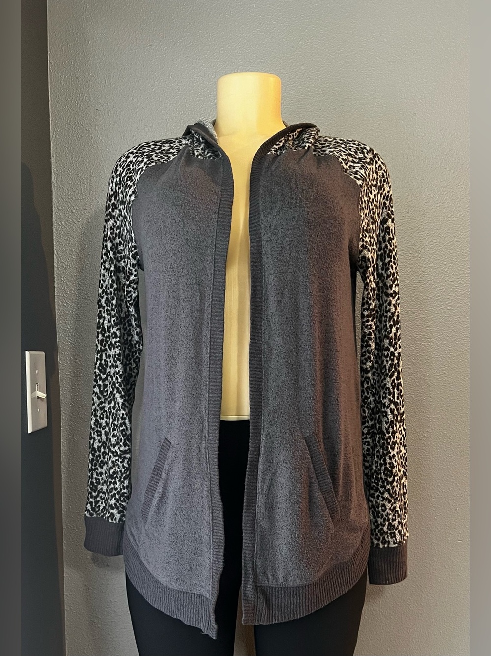 Maurices Hooded Gray cardigan with animal print in the sleeves size Small